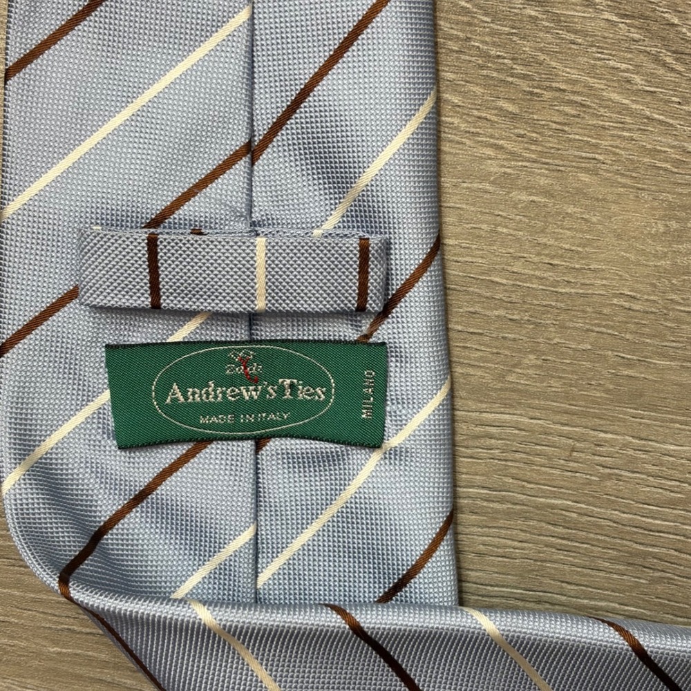 Andrews Ties Milano Mens Silk Necktie Light Blue Brown White Stripe Italy